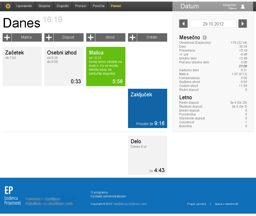 Glavno okno sistema Evidenca prisotnosti