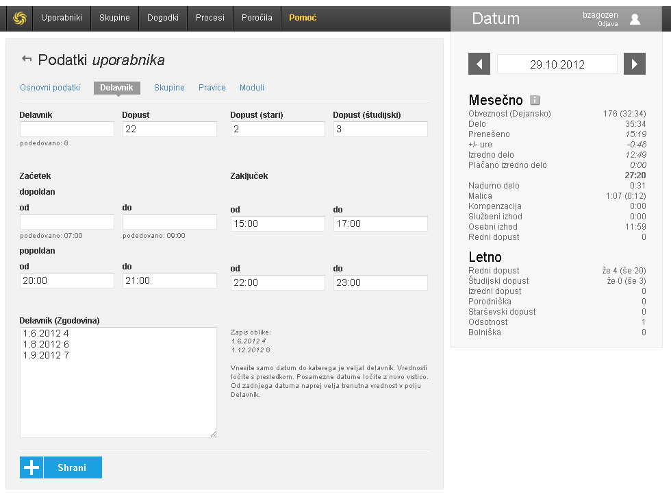 Pregled nastavitev delavnika uporabnika